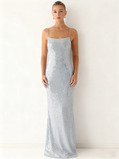 Damen Maxikleid Pailletten schmal Schnitt Spaghettiträger