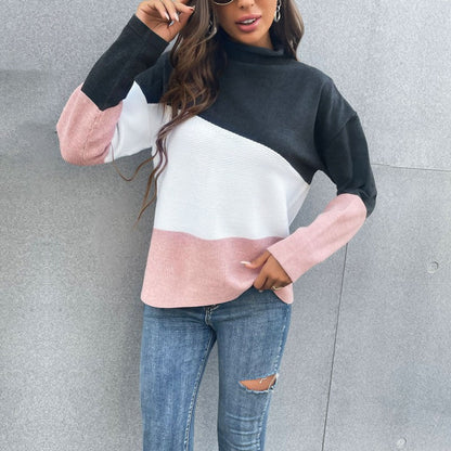 Damen Strickpullover Farbblock-Design Hoher Kragen Eveloria