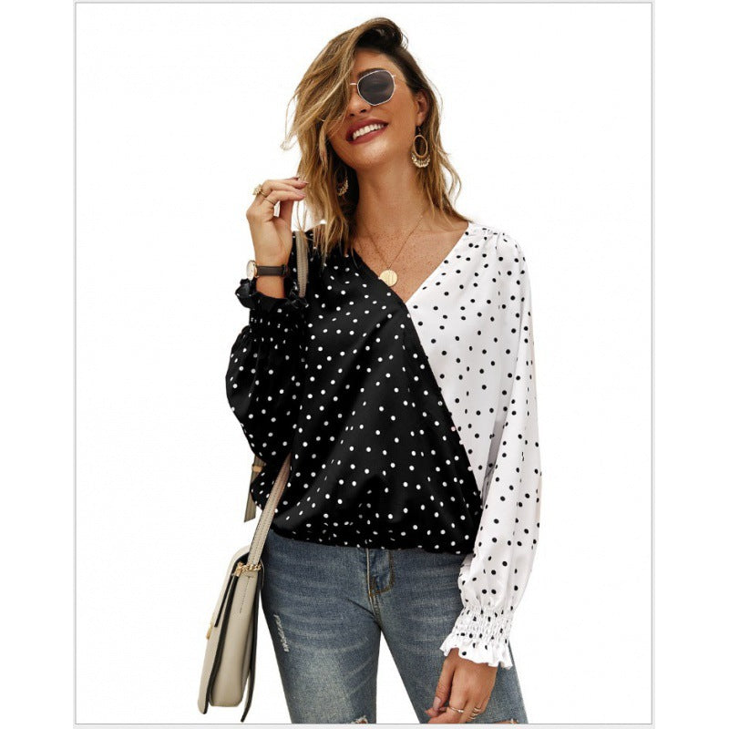Damen Bluse Asymmetrisches Punkten-Design Elastische Ärmel