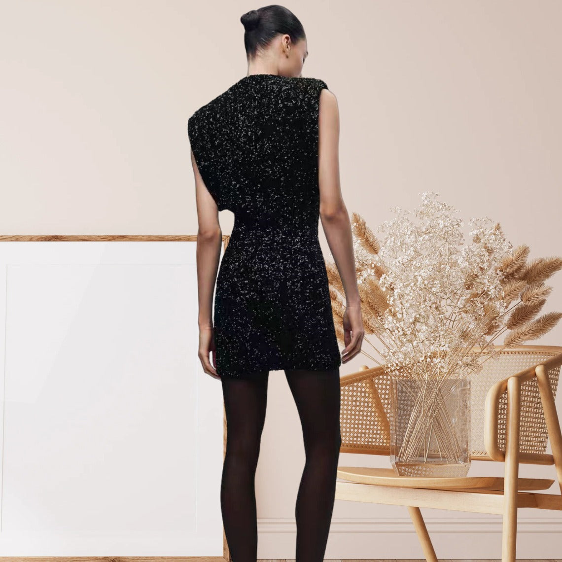 Damen Cocktailkleid Pailletten Hochgeschlossener Stehkragen Eveloria
