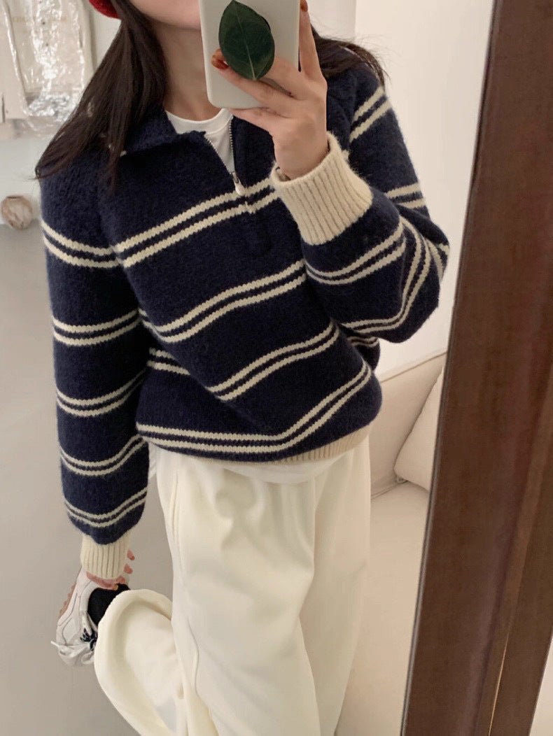 Damen Pullover Gemustert Stehkragen Kontrastdetails Eveloria