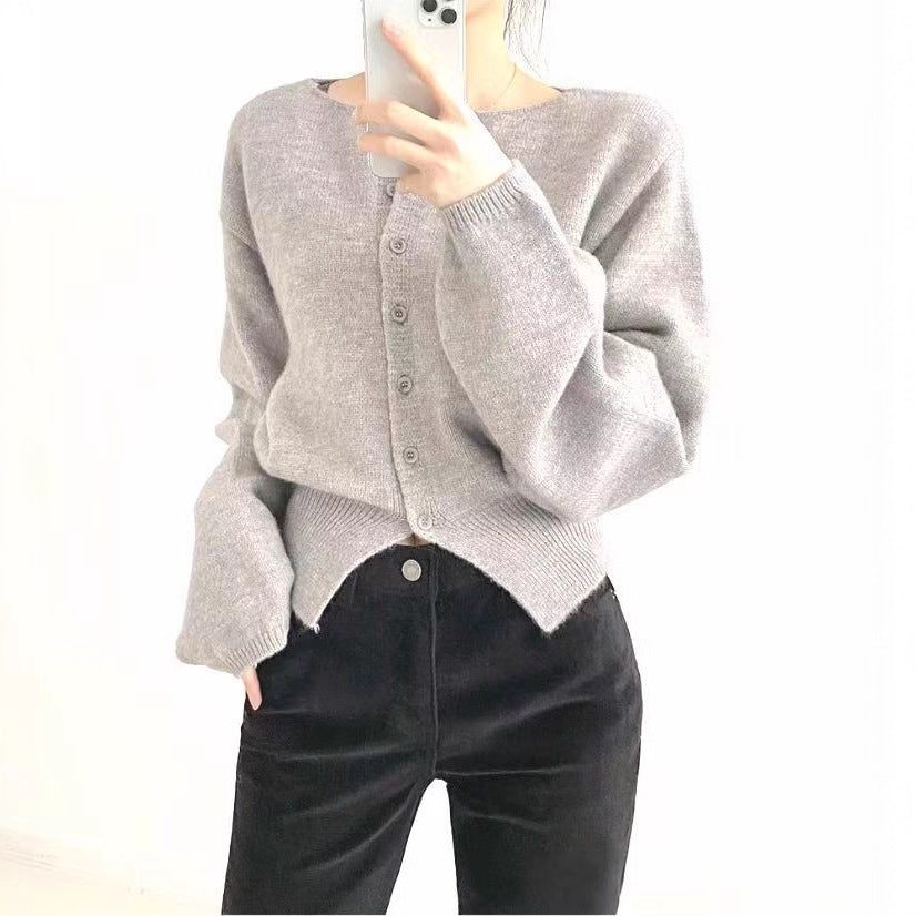 Damen Crop-Pullover Oversized Ärmel Knopfdetail Eveloria
