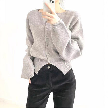 Damen Crop-Pullover Oversized Ärmel Knopfdetail Eveloria