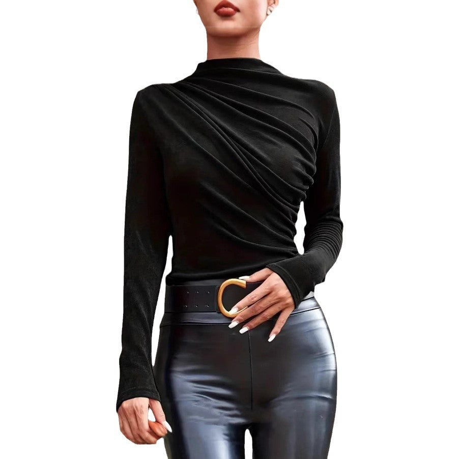 Damen Langarmshirt Stehkragen -Drapierung Elegantes Design Eveloria