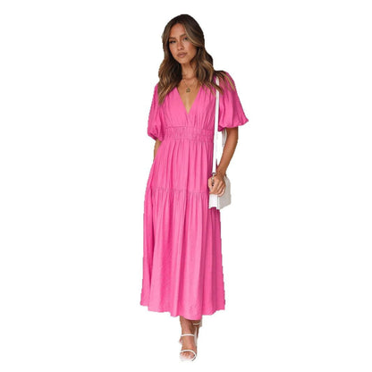 Damen Maxikleid V-Ausschnitt Puffärmel Eveloria