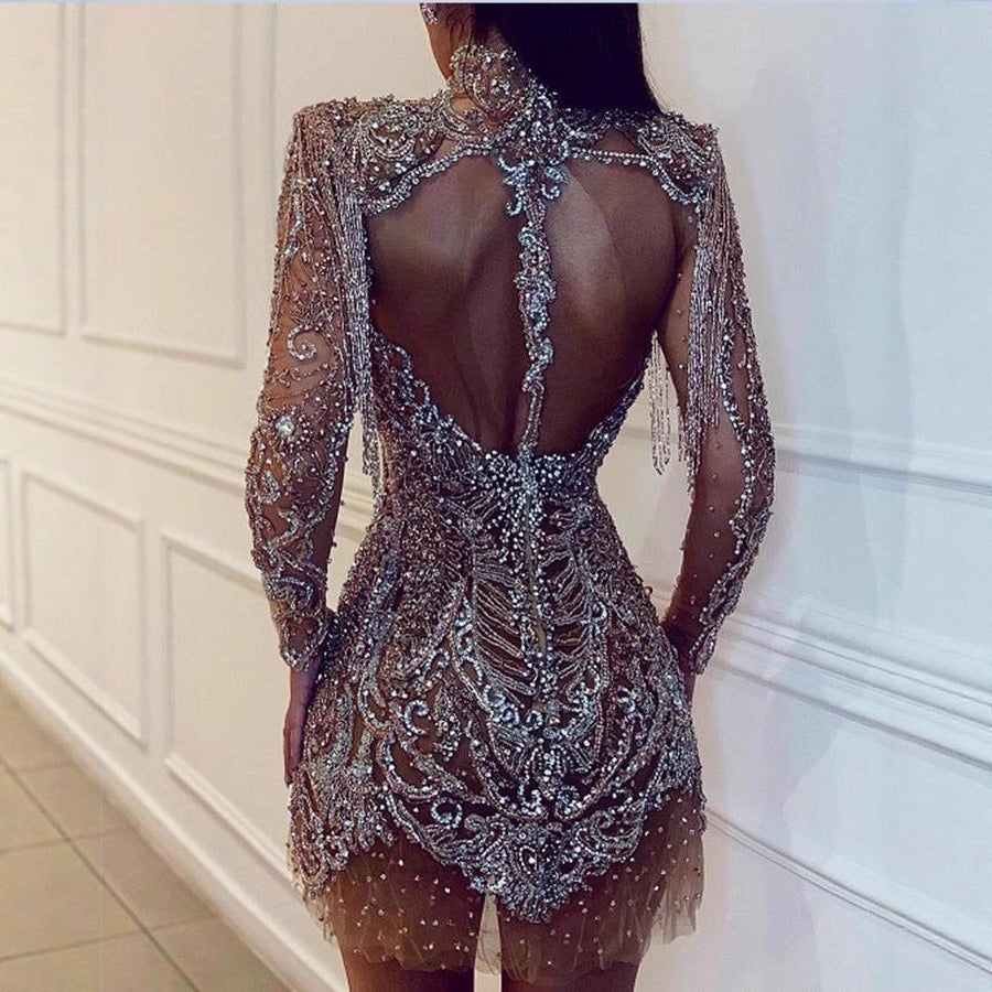Damen Pailletten-Kleid Transparente Elemente Fransen