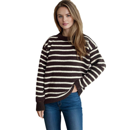 Damen Strickpullover Oversized Breite Streifen Beige