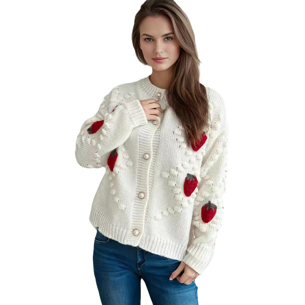 Damen Strickjacke Erdbeer Stickerei Knopfverschluss