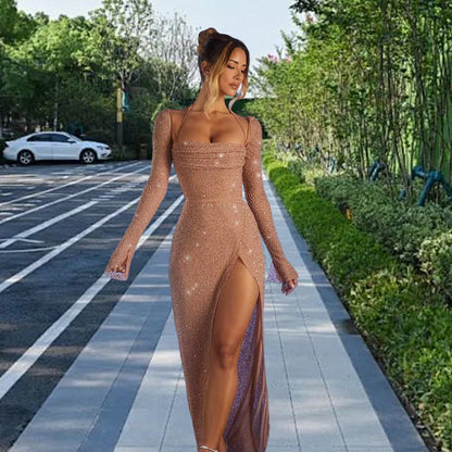 Damen Maxikleid Schimmerndes Kleid mit Seitenschlitz