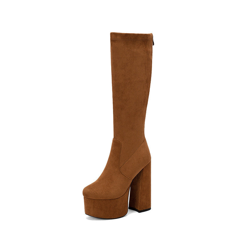 Eveloria Damen Kniehohe Stiefel Wildleder Klobiger Absatz