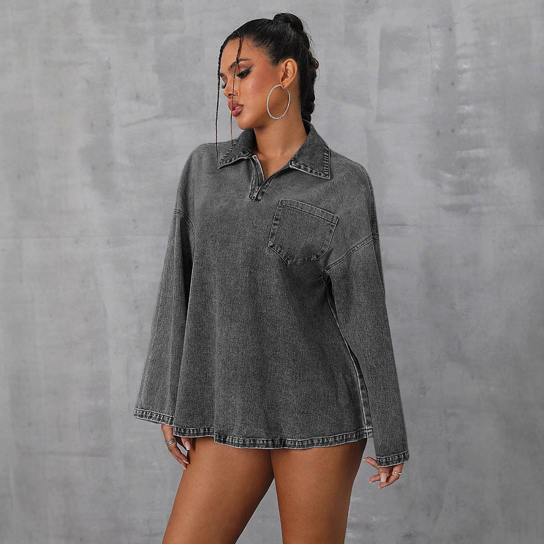 Damen Oversized Denimbluse Lässiger Kragen Blau