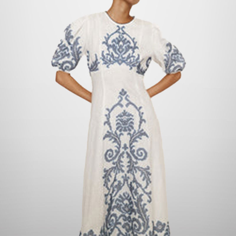 Damen Midikleid Stickmuster Voluminöse Ärmel Eveloria