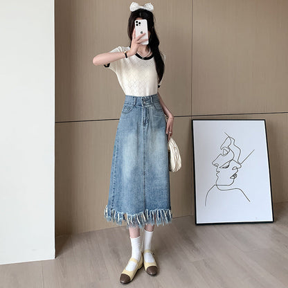 Damen Denim Midi-Rock Fransiger Saum Blau Eveloria