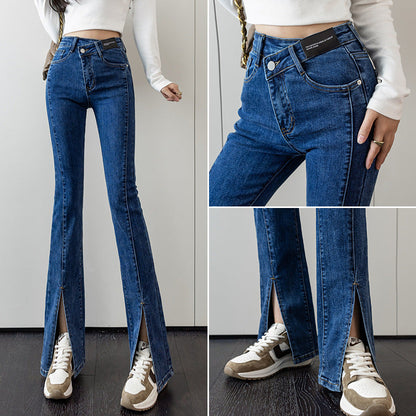 Damen Highwaist Flared Jeans mit Schlitzen Eveloria