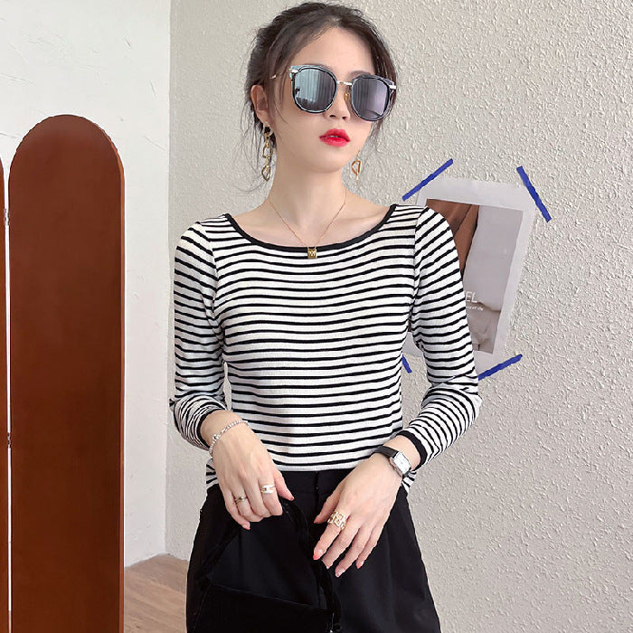 Damen Langarmshirt Maritimes Streifenmuster Weite Rundhalsausschnitt