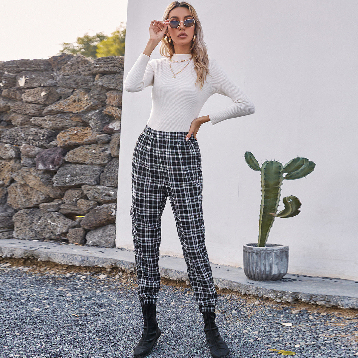 Damen Karohose Elastischer Bund Bequem Schwarz Eveloria - Eveloria
