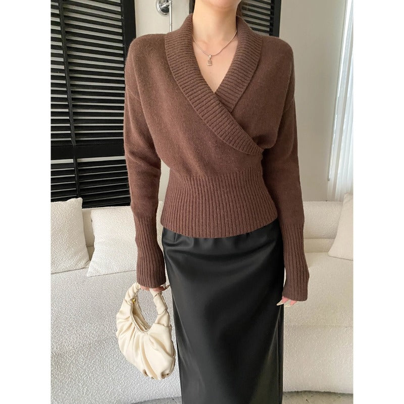 Damen Wickelpullover Breiter Rippbund Eveloria