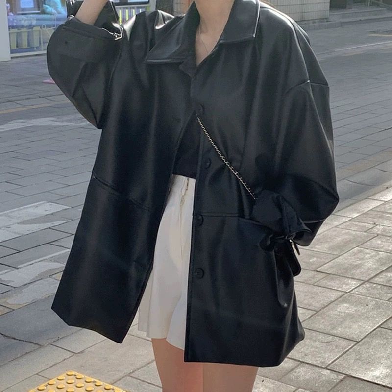Damen Lederjacke Oversized Klassischer Kragen Eveloria