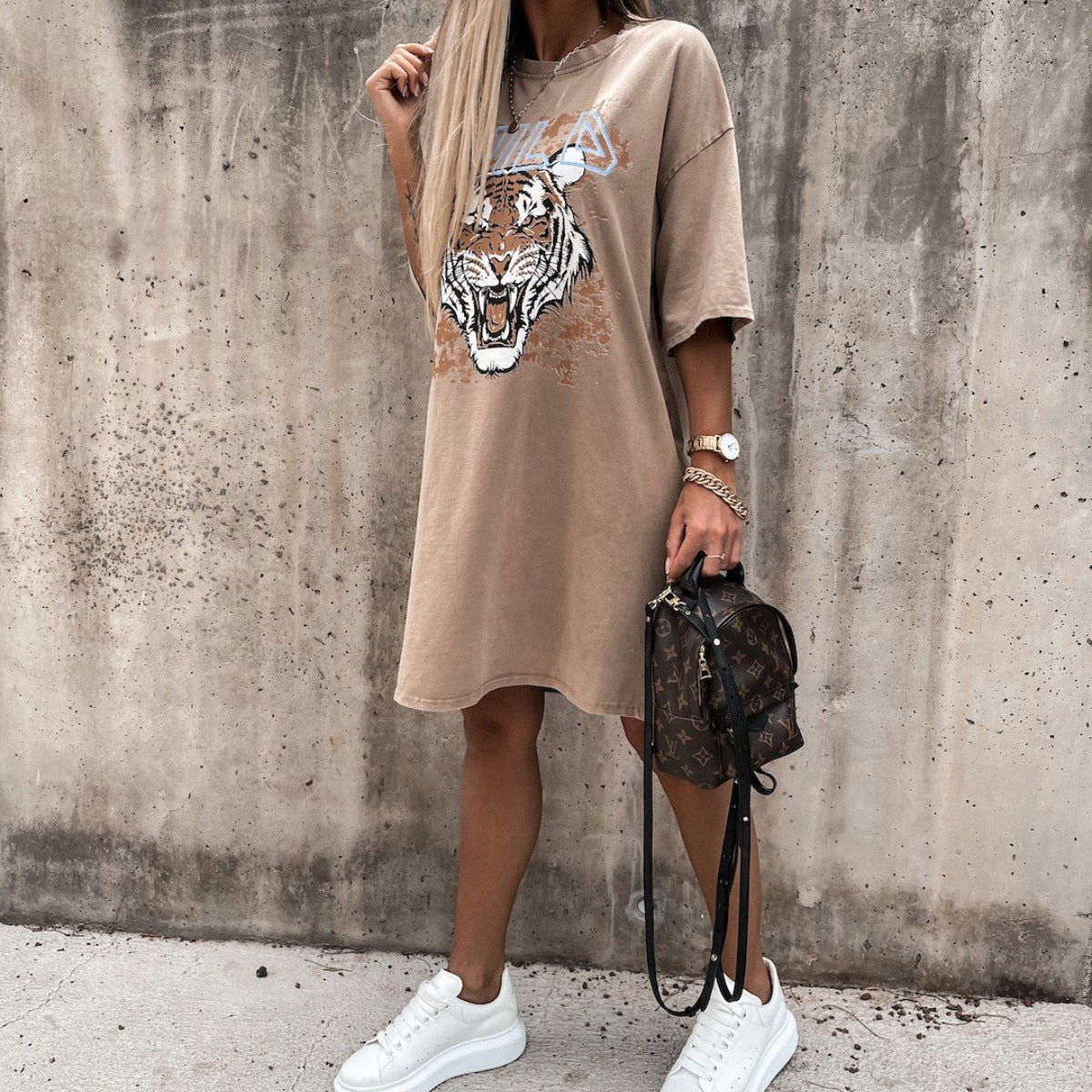 Damen Oversized T-Shirt-Kleid Tiger-Print Eveloria