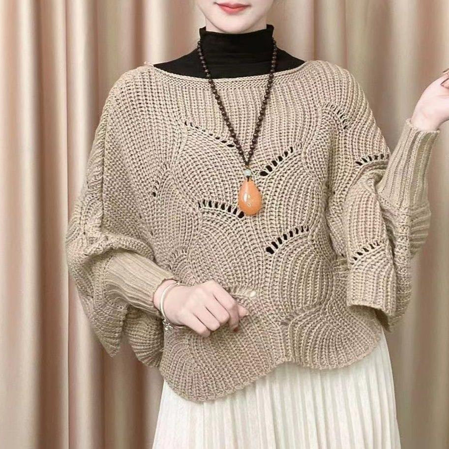 Damen Strickpullover Luftig Lochmuster Beige Eveloria