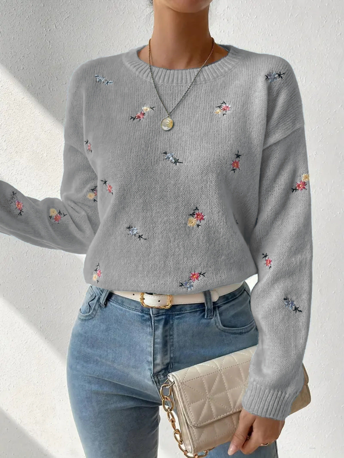 Damen Pulli Floral Stickerei Lässig Eveloria