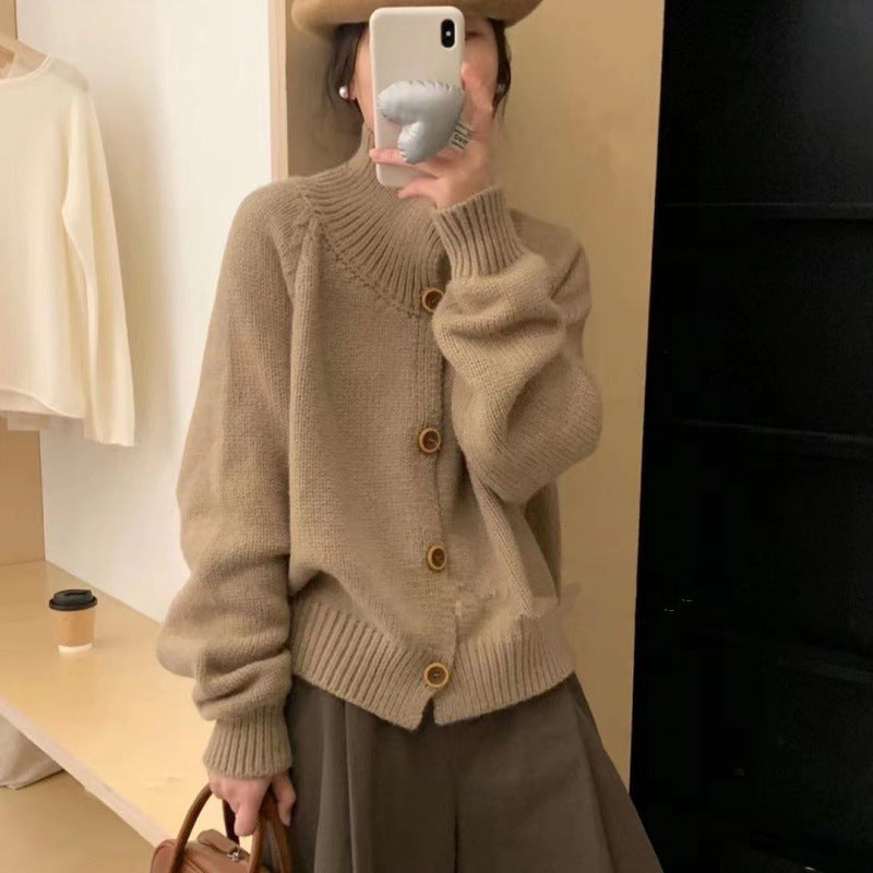 Damen Strickjacke Lässig Kontrastknöpfe Beige - Eveloria