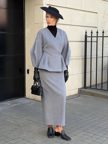 Damen Bleistiftkleid mit Blazer-Oberteil und Puffärmeln Eveloria