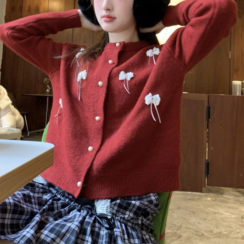 Damen Strickjacke Kawaii mit Schleifen und Perlen