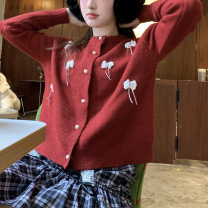 Damen Strickjacke Kawaii mit Schleifen und Perlen