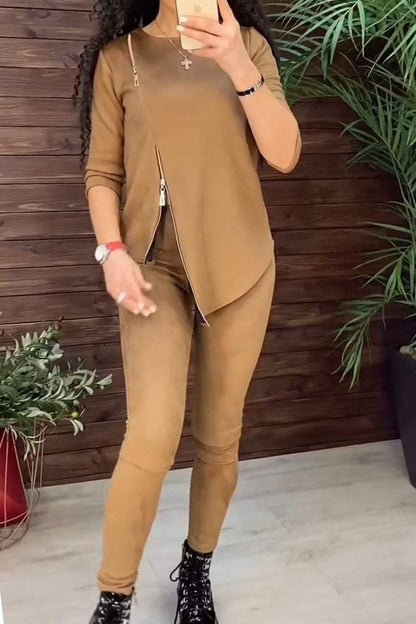 Damen Velours Loungewear Set Reißverschluss Anthrazit