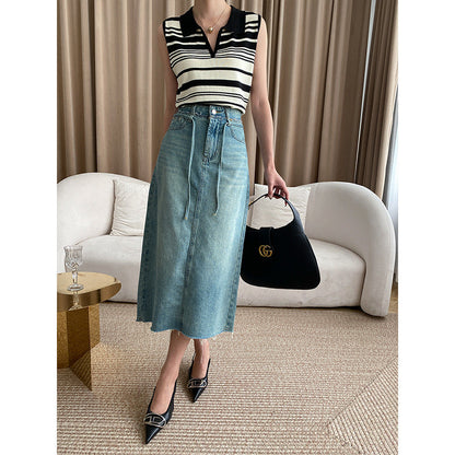 Damen Midi Jeansrock Verstellbares Taillenband Eingrifftaschen