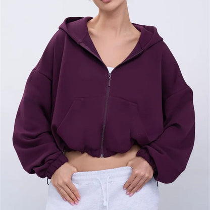 Damen Cropped Kapuzenjacke Reißverschluss Übergroße Ärmel Eveloria