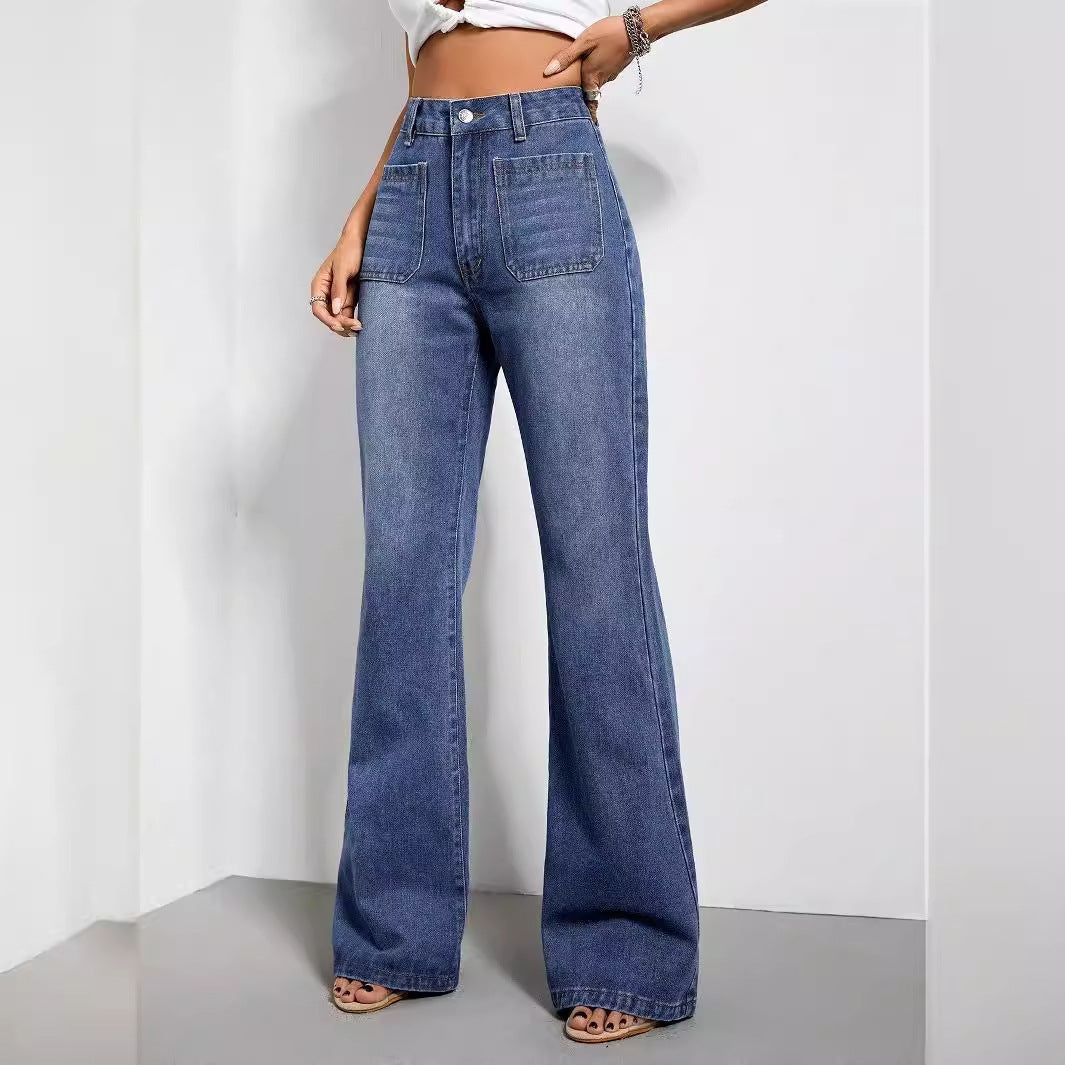 Damen High-Waist Jeans Weite Passform Seitentaschen Lässig Blau
