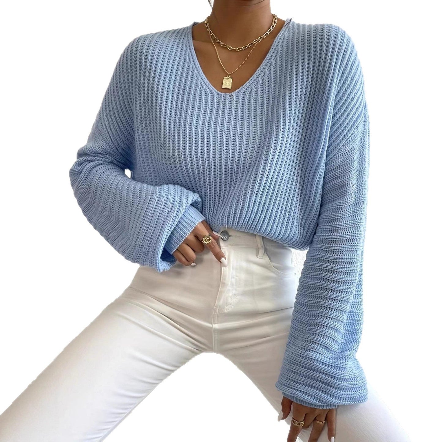 Damen Strickpullover Luftiger V-Ausschnitt Langer Ärmel Beige