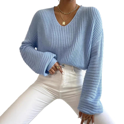 Damen Strickpullover Luftiger V-Ausschnitt Langer Ärmel Beige