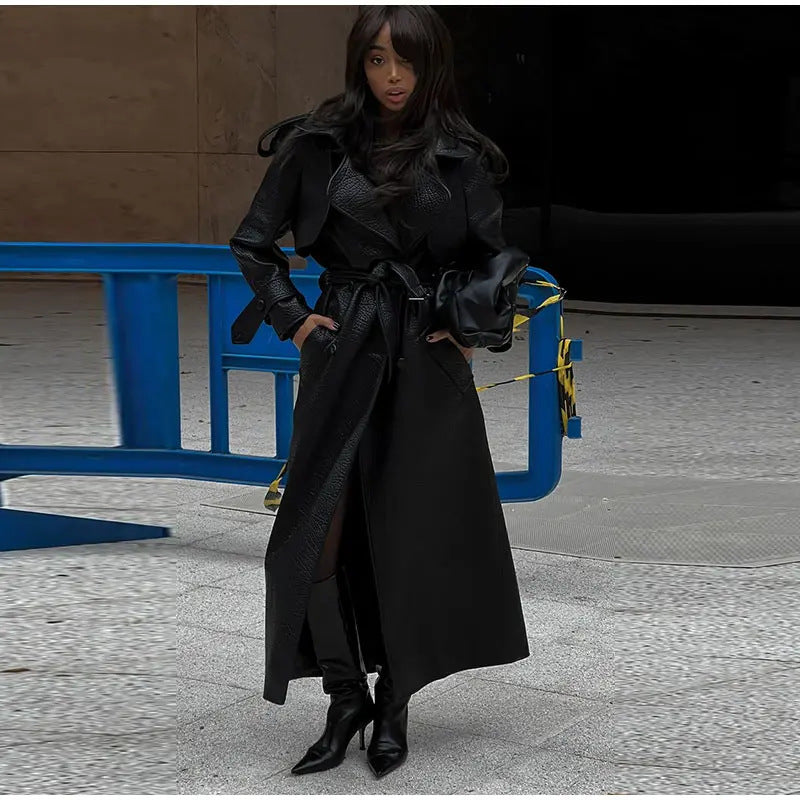 Damen Kunstleder-Trenchjacke Hochkragen Schwarz Eveloria - Eveloria