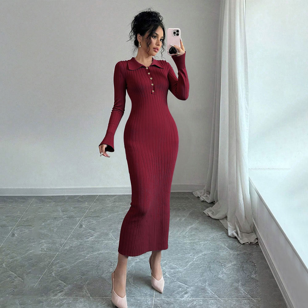 Damen Maxikleid Figurbetont Polokragen Knopfleiste Eveloria - Eveloria