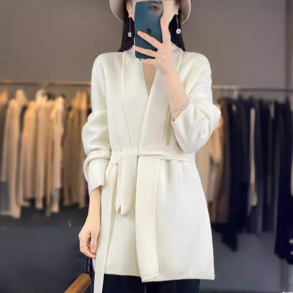 Damen Strickjacke Lässig Gürtel Beige