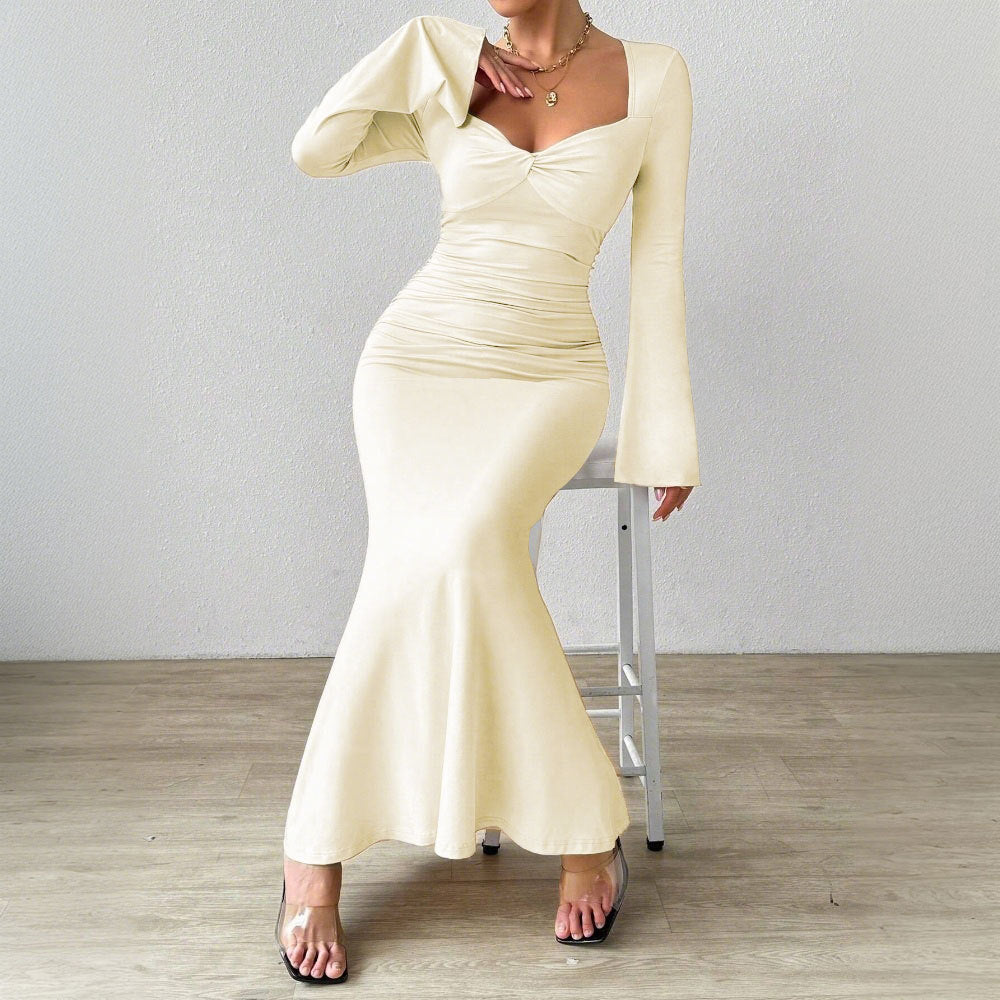 Damen Maxikleid Langärmlig V-Ausschnitt Raffung Eveloria