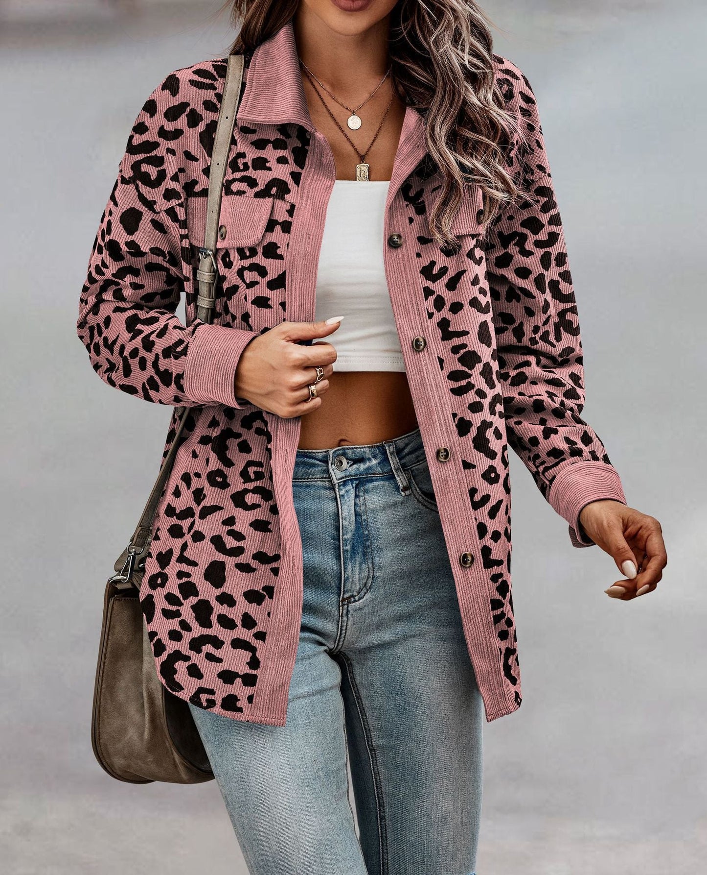 Damen Kordjacke Leo-Print Brusttaschen Eveloria