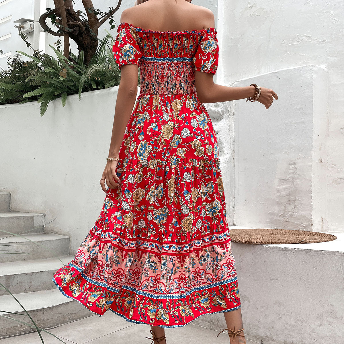 Damen Maxikleid Off-Shoulder Elastisch Floralmuster Eveloria