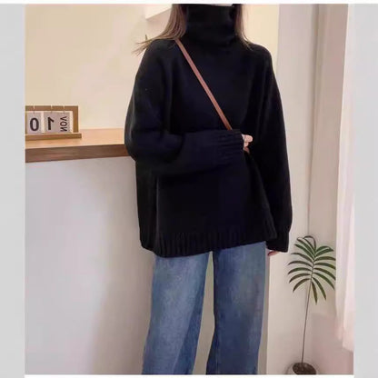 Damen Grobstrickpullover Stehkragen Schlitzen