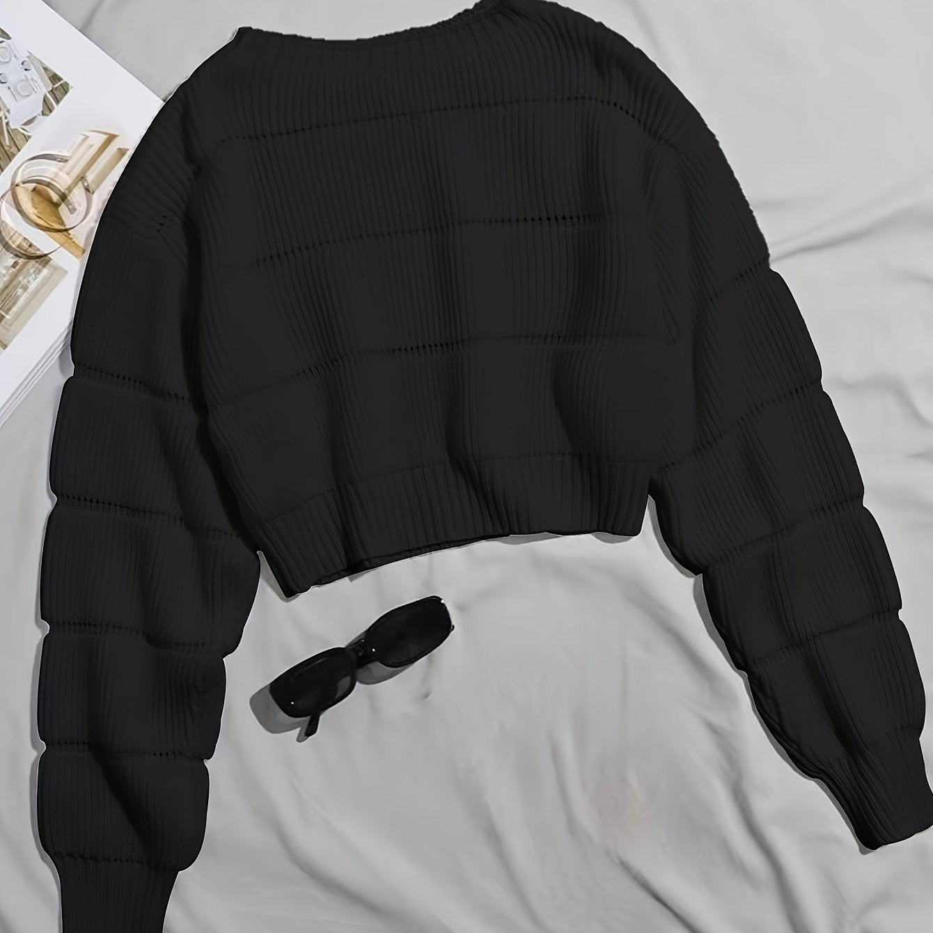 Damen Crop-Pullover Weich Strukturiertes Design Grau Eveloria