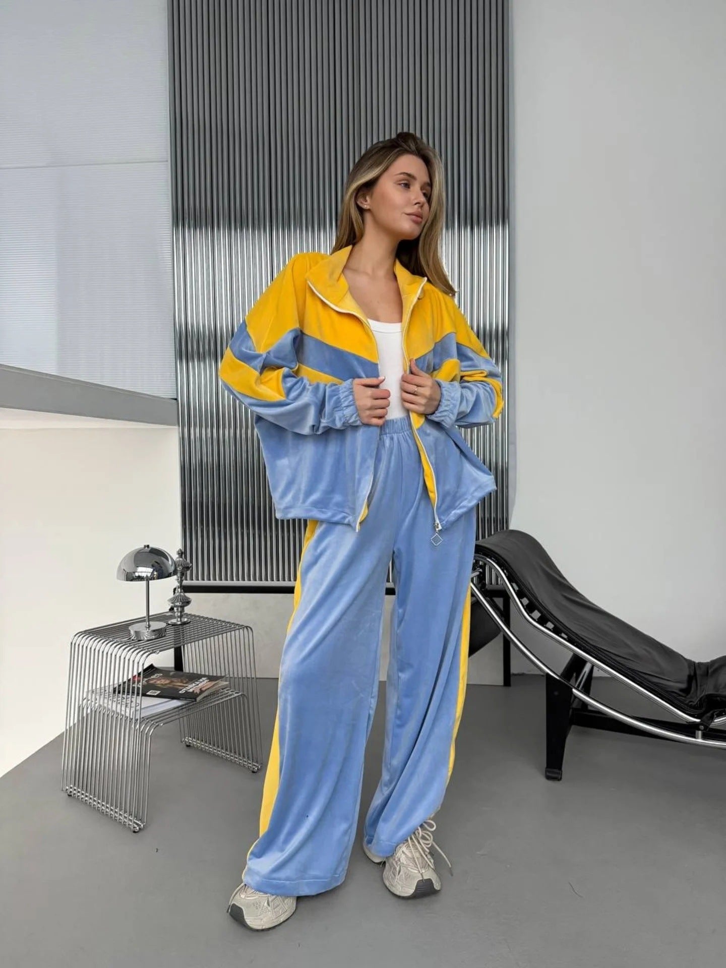 Damen Jogginganzug Velours Streifen