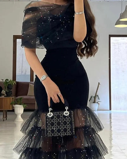 Damen Abendkleid Tüll schimmernd transparent Schulterpartie
