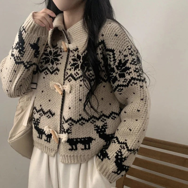 Damen Strickjacke Tiermotiv Hochwertig Holzknöpfe Beige - Eveloria