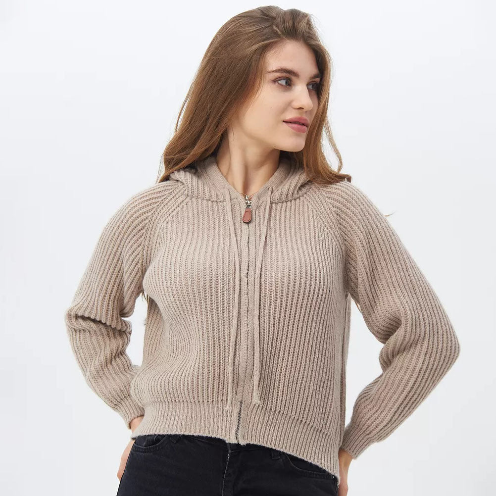 Damen Hoodie Weiches RippstrickMaterial Mit Kordelzug