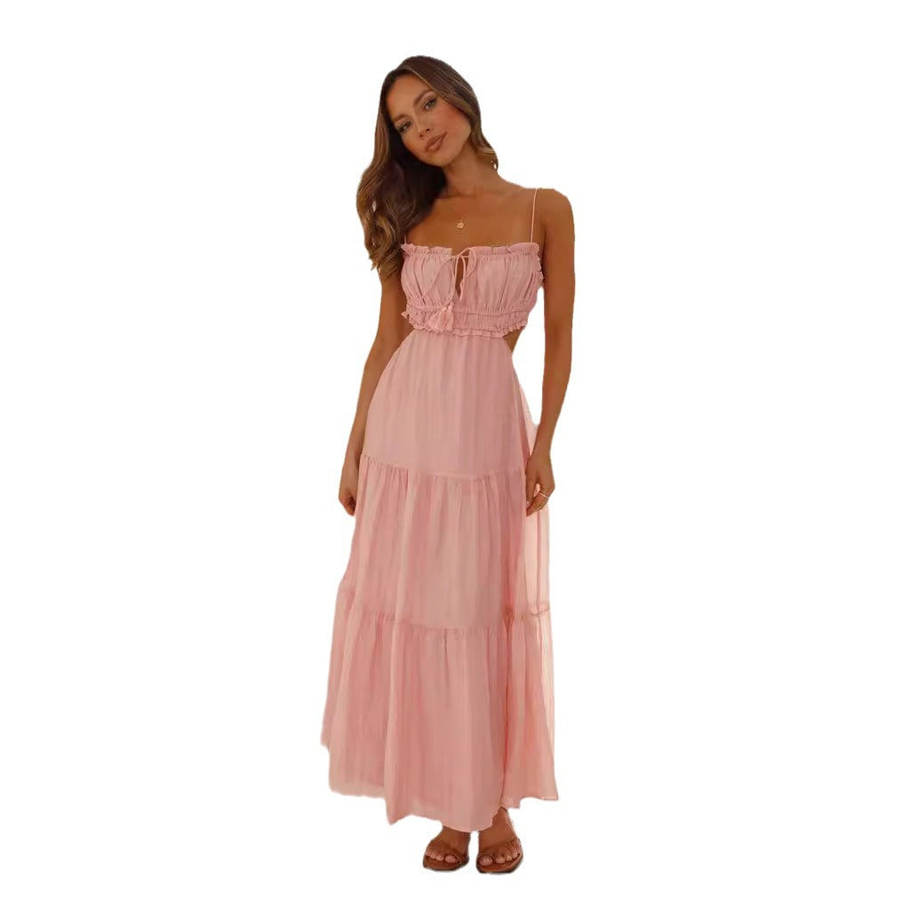 Damen Maxi-Kleid Raffung Spitze Beige