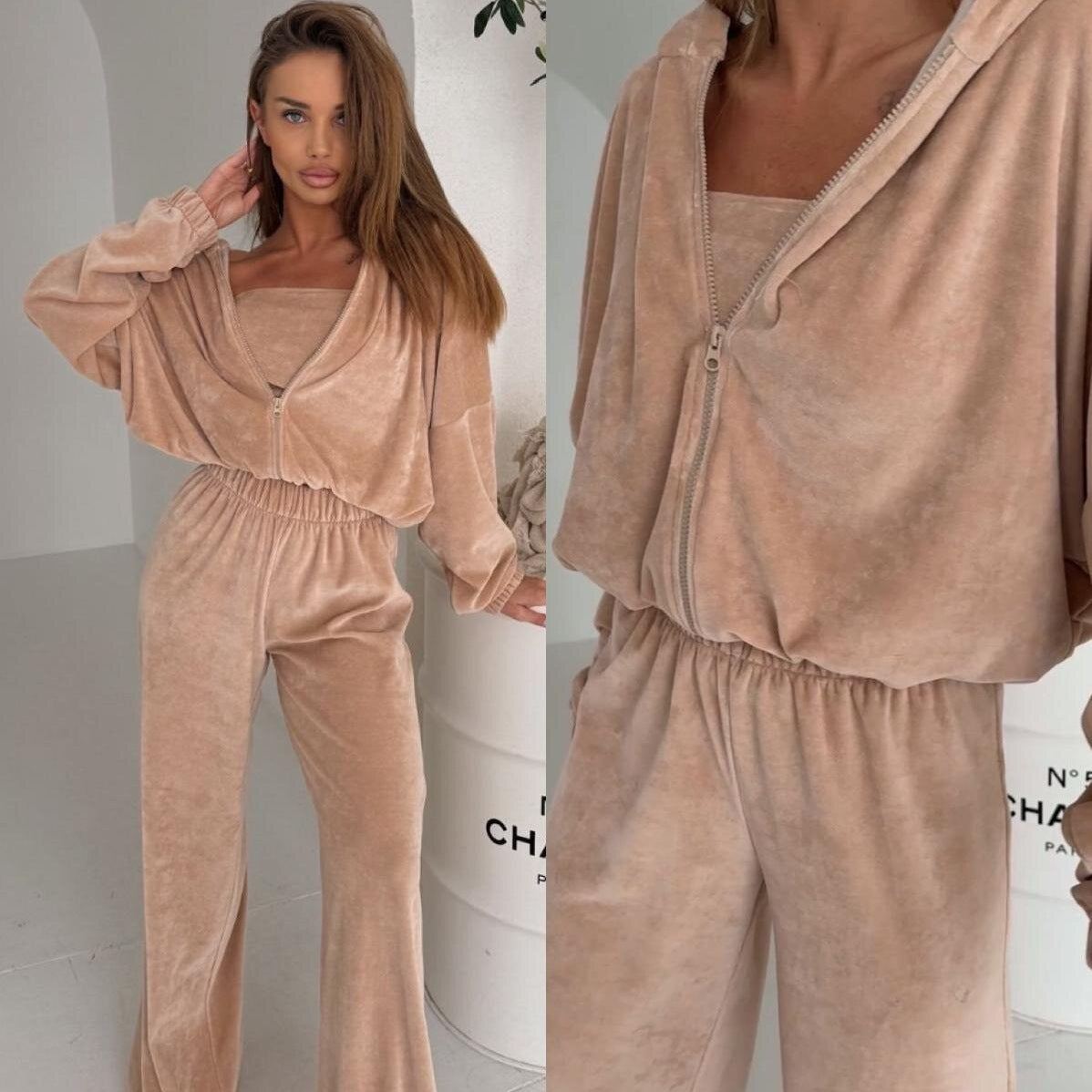 Damen Fleece-Loungewear-Set Weites Oberteil Bequeme Hosen Schwarz - Eveloria