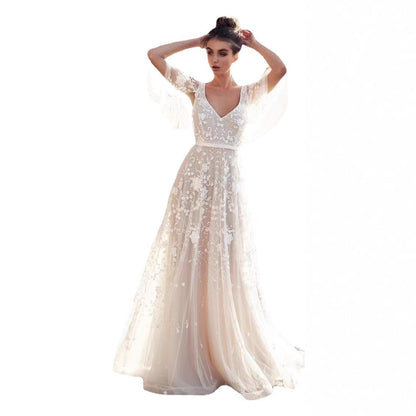 Damen Abendkleid Florale Stickerei Spitzenärmel Eveloria